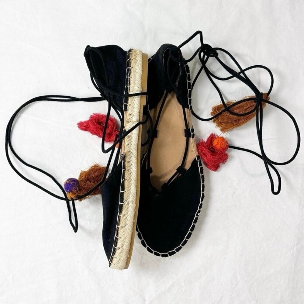 NWOT Bamboo Black Faux Suede Round Toe Lace Up Espadrille Flat Shoes Size 9 - Picture 4 of 5
